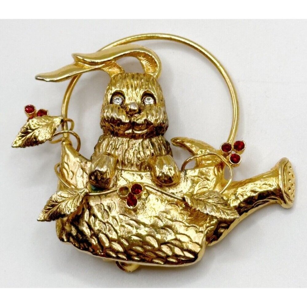 Rabbit In Watering Can With Leaves Rhinestone Pin Brooch FLAW‎